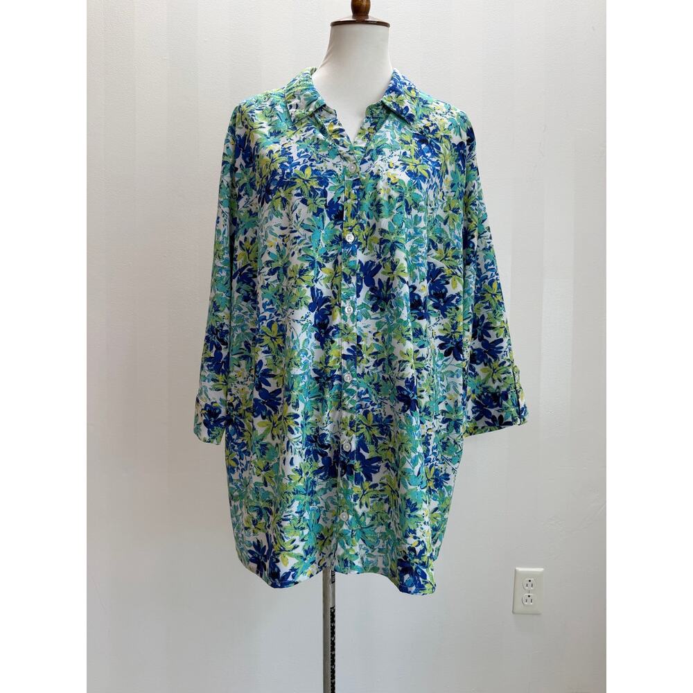 Catherines Floral Button-Front Blouse Blue Green 3/4 Sleeve Sz 2X